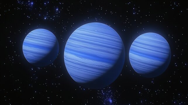 Three Blue Planets in Star - Filled Space