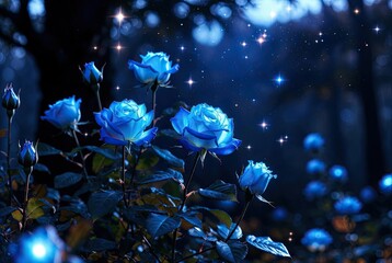 Ethereal blue roses glow magically amidst sparkling starlight in a whimsical night garden