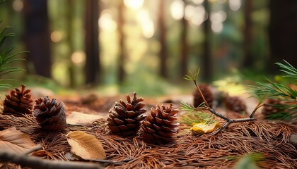 Pine Cones Leaves And Twigs On The Forest Floor Close Up Backdrop