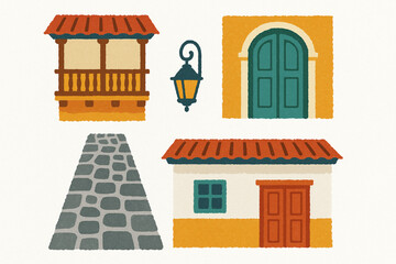 Colombian Heritage Towns Icon Set with Colonial Balconies, Colorful Doors and Cobblestone Streets