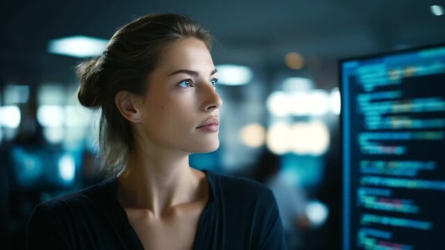 Female software creator in monitoring facility surrounded by code displays defocused large screen background programming language lines development environment technical
