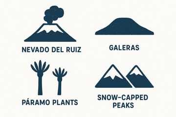 Colombian Volcano and Mountain Icon Set with Nevado del Ruiz, Galeras and P&aacute;ramo Plants