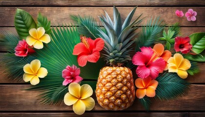 Vibrant Hibiscus Pineapple And Palm Leaf Garland Strung On Rustic Wood Decor Design