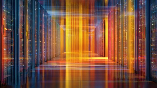Rows of data servers fill the space in a data center. Bright lights shine in various colors as technology works during the night. The room is busy with activity.