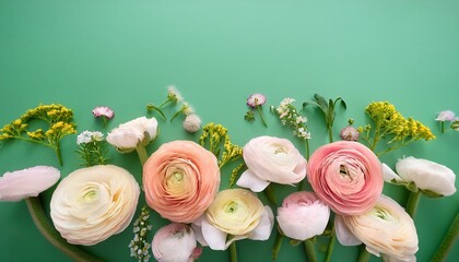 Pastel Ranunculus And Wildflowers Flatlay Green Background