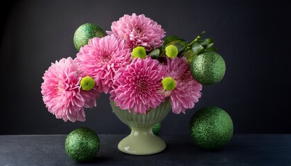 Beautiful Bouquet Of Pink Flowers And Green Balls Arranged In A Vase On A Dark Background