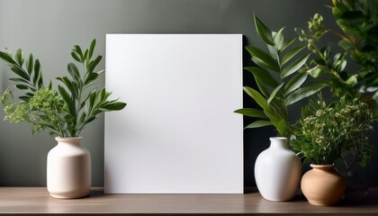 Elegant Blank White Poster Displayed Among Decorative Vases And Lush Greenery