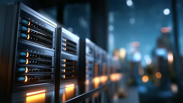 Grand AI powered data facility with machine computation optimization blurred server environment algorithm scaling operations massive linguistic framework hub technology