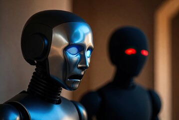 Contrasting artificial intelligence: the benevolent gaze of a silver android against a menacing red-eyed robot