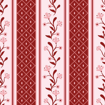 Vector whimsy floral stripe pattern. Red seamless elegant border pattern. Perfect for wallpaper, wrapping paper, textile and stationery. Vector preppy pattern