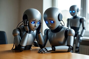 Distressed robots contemplating a difficult situation in a modern office setting