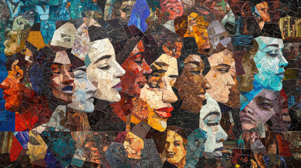 Fototapeta premium A captivating artwork showcasing a mosaic of diverse faces, reflecting unity and complexity. The artwork highlights the beauty of differences, with each face telling a unique story AI Generative