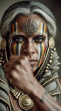 Xama com Pintura Cultural e Roupas Tradicionais Erguendo o Punho Fechado Simbolo de Forca Poder e Bravura Ancestral