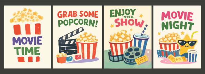 Colorful vector poster set with cute cinema illustrations, popcorn, movie night quotes and film elements. Perfect for movie events, kids designs, home cinema decor and entertainment branding. © Nataliia