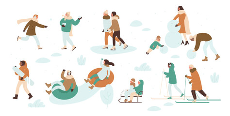 People in Christmas outdoor activity vector illustration set. Cartoon active man woman and kid characters skating on ice rink, sledding skiing, playing snowballs in winter snow park isolated on white