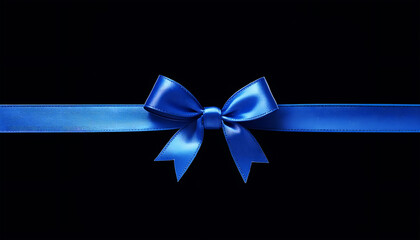 A vibrant blue satin ribbon tied into a bow, isolated horizontally against a deep black background, offering ample copy space for design.