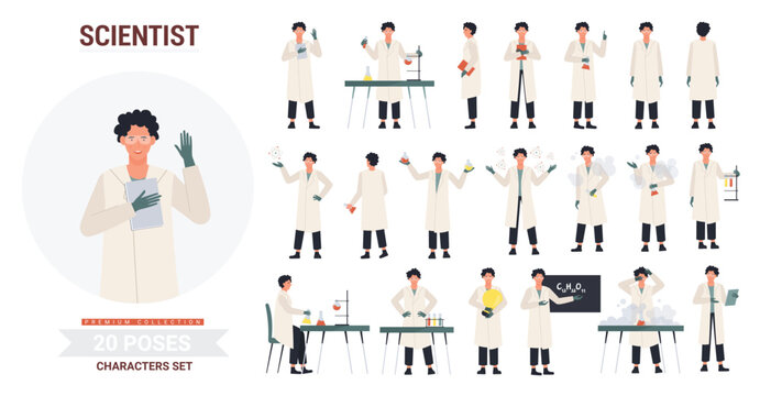 Scientist poses vector illustration set. Cartoon man character wearing lab coat, posing in scientific laboratory with science equipment, different gestures and emotion collection isolated on white