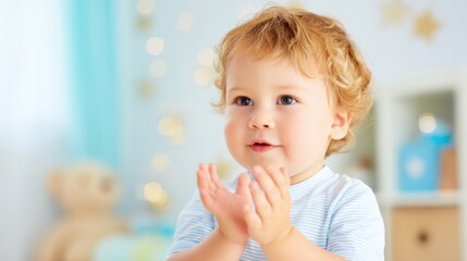 Child claps hands with joy inside a bright, colorful room during daytime