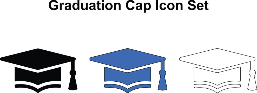Graduation Cap Icon Set in Silhouette Blue and Outline Styles