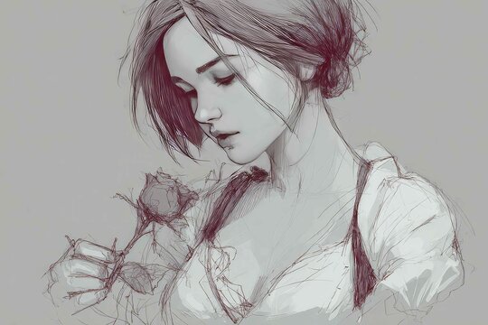 Digital sketch of a girl holding a bleeding rose