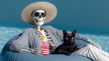 Skeleton relaxing on a pool float with a black cat, wearing sunglasses and a wide-brimmed hat, enjoying a colorful drink, surrounded by a tranquil blue water backdrop, embodying a carefree summer vibe
