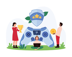 Online multiplayer game tournament, win championship, reward prizes for winner of battle. Tiny people holding gold cup and star for champions challenge at gamepad console cartoon vector illustration © Flash Vector