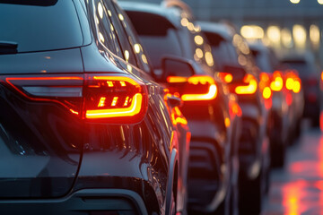 New gray cars lined up with lights on, ready for delivery on a rainy evening