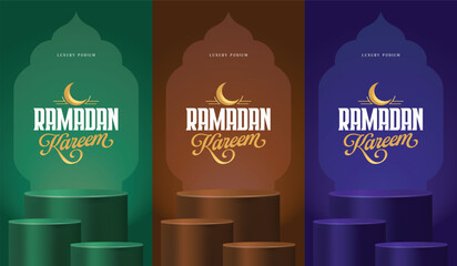 Set of ramadan kareem 3D green, brown, purple cylinder three podium background in mosque shape. Ramadan Kareem typography and minimal scene mockup product stage showcase, Banner promotion display.