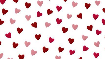 geometric heart pattern, an endlessly repeating pattern of small, simple geometric hearts in deep matte red and pale pink on a stark white background