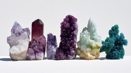 Obraz premium Colorful crystals arranged on a white surface in bright light