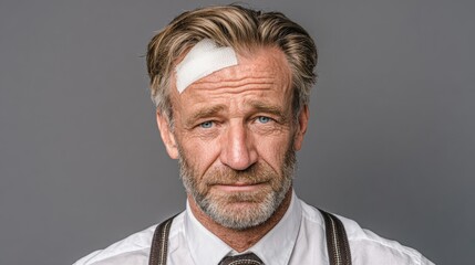 Obraz premium Mature man with a bandage on his forehead, wearing a white shirt and tie, displaying a serious expression, conveying emotions of resilience and determination in a neutral background