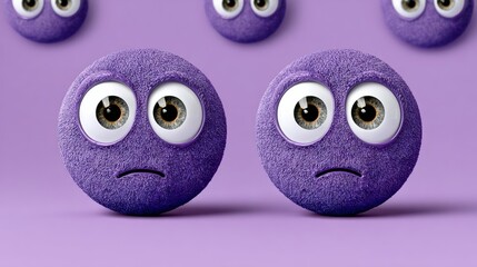 Purple round characters with large expressive eyes, displaying a range of emotions, set against a soft purple background, showcasing playful and whimsical design elements in a vibrant atmosphere