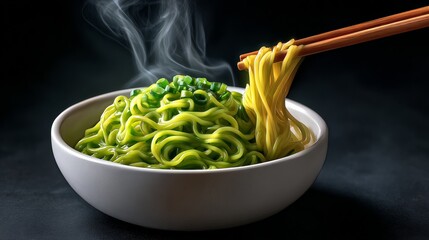 Steaming bowl of vibrant green noodles topped with fresh chopped scallions, being lifted with chopsticks, showcasing delicious Asian cuisine and culinary artistry