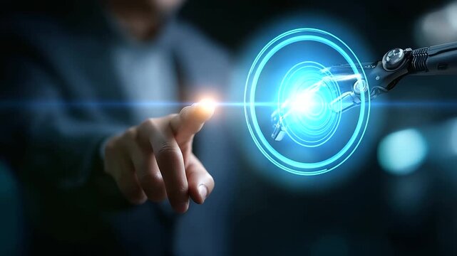 Text comprehension artificial intelligence with robotic interaction blurred button interface linguistic processing automation machine understanding technology AI concept