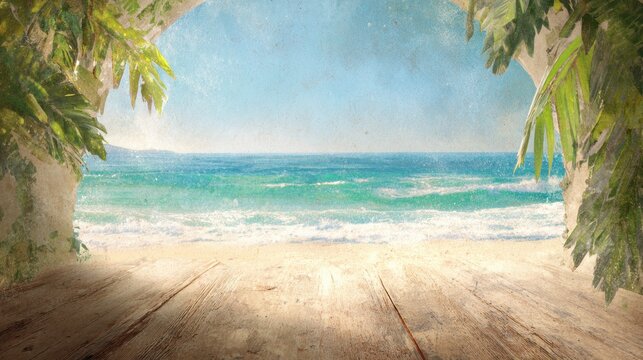 View of ocean from a beachside archway with clear sky and calm waves