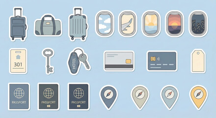 Minimal Travel Sticker Set with Luggage, Boarding Windows, Passports and Map Pins