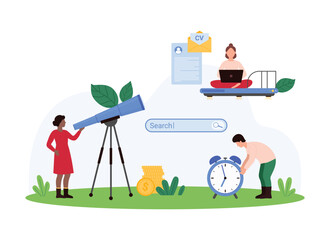 Online search for CV of professional employee by employer, choice of best candidate, headhunting. Tiny people look through telescope at resume offers for interview cartoon vector illustration