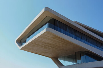 Futuristic concrete and glass building with overhanging architectural design against a clear blue sky