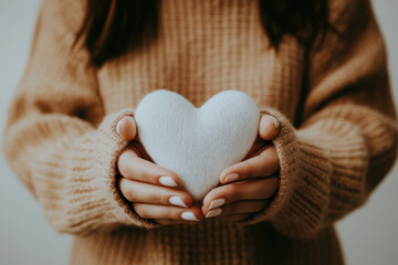 Woman softly cradling a snow heart in a snowy scene, representing love, optimism, and winter love
