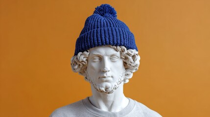 Marble statue of a classical figure wearing a blue knitted beanie, set against a vibrant orange background, showcasing a blend of traditional and modern fashion elements