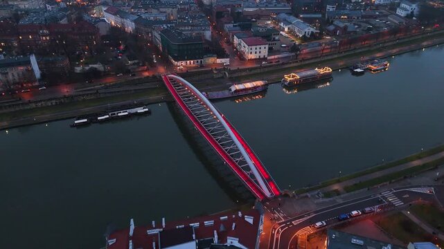 Evening drone view of Bernatka Footbridge (Kladka Bernatka) in Krakow, Poland