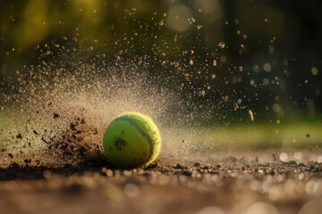 Close-up of tennis ball impacting clay court, creating dust explosion