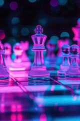 Neon lights illuminate a chessboard with glass pieces in pink and blue