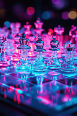 Neon lights illuminate a chessboard with glass pieces in pink and blue
