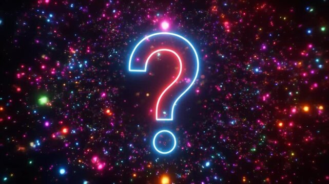 Glowing Neon Question Mark Symbol Against a Cosmic Background of Colorful Bokeh Lights query