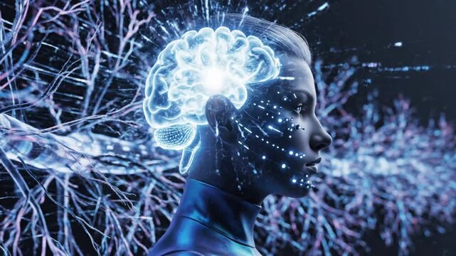 Animation of futuristic brain with glowing blue circuits and a robotic head