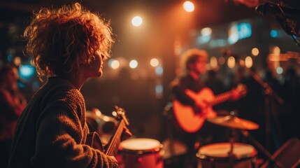 Live music performance with guitarist and drummer in warm ambient lighting at night