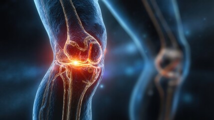 Detailed illustration of human knee joint with highlighted ligaments and circulatory system in blue and orange tones
