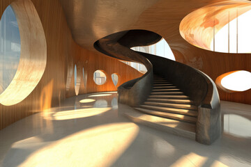 Low angle view of modern glass skyscrapers reflecting the warm glow of the setting sun