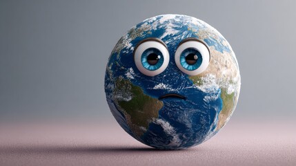 Cartoonish globe character with large expressive eyes, displaying a surprised expression, set against a soft gradient background, symbolizing environmental awareness and global concern
